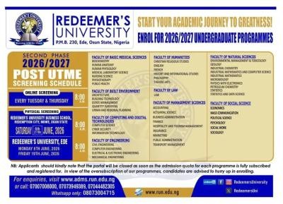 Redeemer’s University 2nd Phase Post-UTME Screening Schedule, 2026/2027