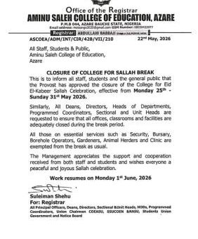 Aminu Saleh College of Education, Azare notice on Sallah break