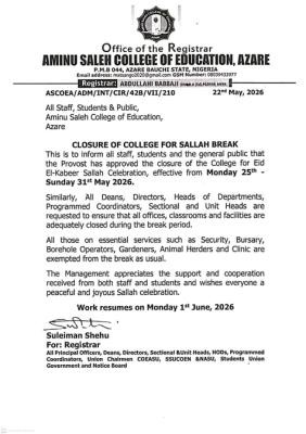 Aminu Saleh College of Education, Azare notice on Sallah break
