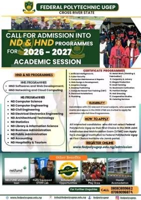 Federal Polytechnic, Ugep ND/HND Admission form, 2026/2027