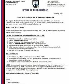Nigerian Maritime University 2026: Cut-off mark, Eligibility and Registration Details
