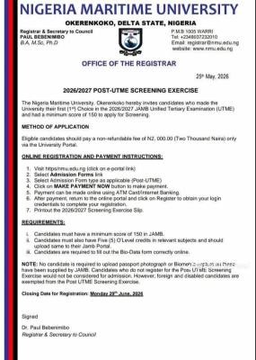 Nigerian Maritime University 2026: Cut-off mark, Eligibility and Registration Details