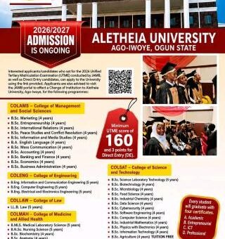 Alethia University Post-UTME 2026: Cut-off mark, Eligibility and Registration details