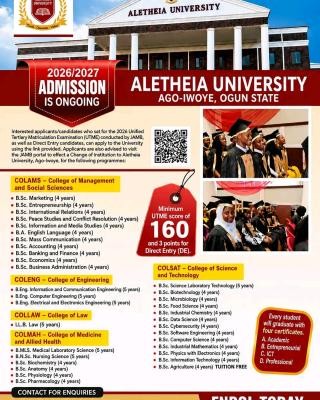 Alethia University Post-UTME 2026: Cut-off mark, Eligibility and Registration details