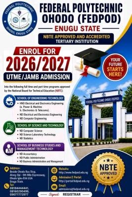 Federal Polytechnic, Ohodo ND/HND Admission form, 2026/2027