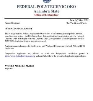 Federal Poly Oko HND admission, 2026/2027