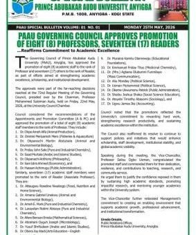 PAAU Governing Council approves the promotion of 8 Professors & 17 Readers