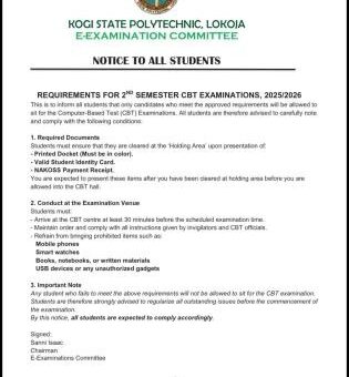 Kogi State Poly notice on Requirements for 2nd Semester Exams, 2025/2026 session