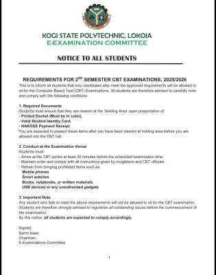 Kogi State Poly notice on Requirements for 2nd Semester Exams, 2025/2026 session