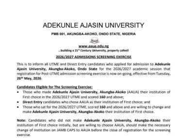 AAUA Post-UTME/DE 2026: Cut-off mark, Eligibility and Registration Details
