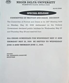 NDU postpones exams schedule for May 27th and 28th
