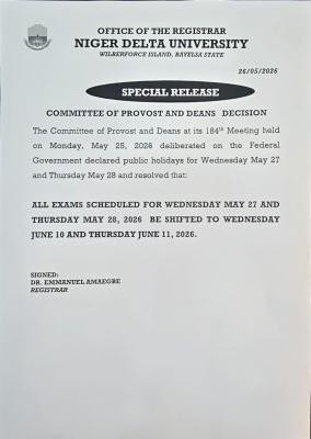 NDU postpones exams schedule for May 27th and 28th