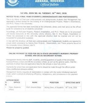 DELSU notice to Final Year Undergraduate, Postgraduate Students