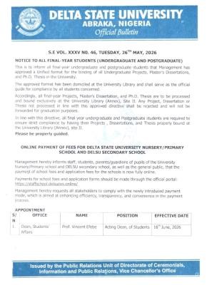 DELSU notice to Final Year Undergraduate, Postgraduate Students