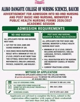 Aliko Dangote College of Nursing Sciences ND/HND Nursing Admission, 2026/2027