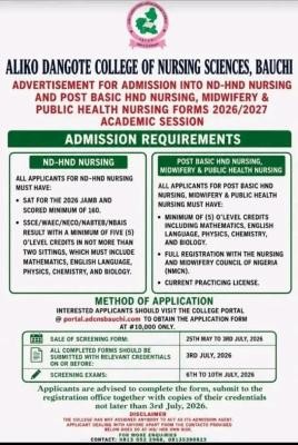 Aliko Dangote College of Nursing Sciences ND/HND Nursing Admission, 2026/2027
