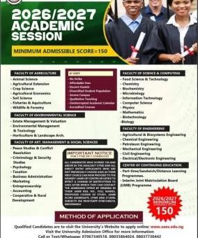 UAES, Umuagwo Post-UTME/DE 2026: Cut-off mark, Eligibility & Registration Details