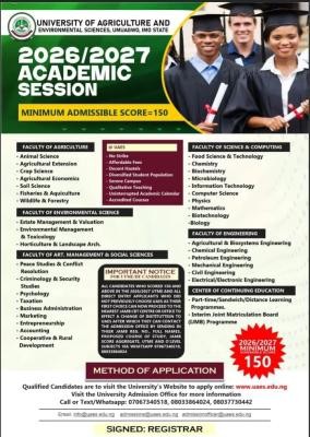 UAES, Umuagwo Post-UTME/DE 2026: Cut-off mark, Eligibility & Registration Details