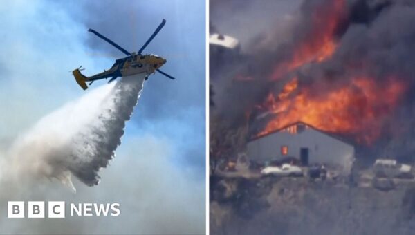 Watch: Crews battle blaze as thousands evacuated near Los Angeles