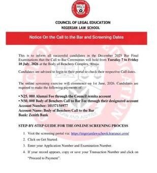 Nigeria Law School notice on call to bar ceremony and screening dates