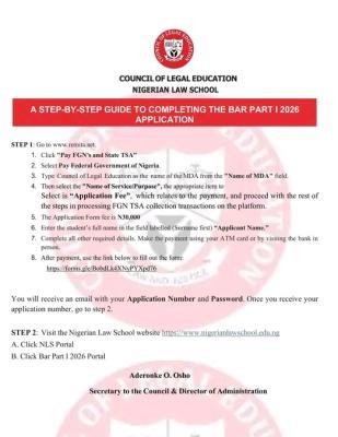 Nigerian Law School Step-by-Step Guide for completion of Bar Part I 2026 Application
