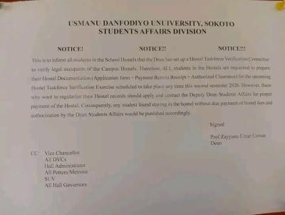 UDUS issues notice to students on hostel verification exercise