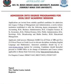 Legacy College of Management and Administration, Keffi (BSU affiliated) Degree Admission, 2026/2027