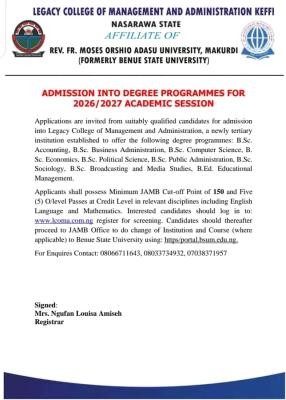 Legacy College of Management and Administration, Keffi (BSU affiliated) Degree Admission, 2026/2027