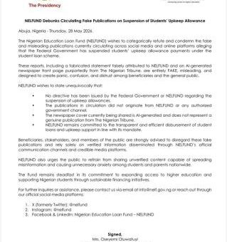 NELFUND debunks circulating fake publications on suspension of students’ upkeep allowance