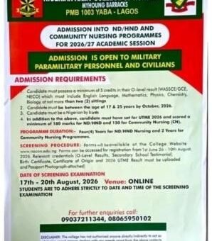 Nigerian Army College of Nursing Sciences, Yaba ND/HND Admission, 2026/2027