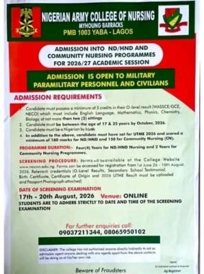 Nigerian Army College of Nursing Sciences, Yaba ND/HND Admission, 2026/2027