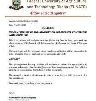 FUNATO announces Mid-Semester Break, Advises Students on Continuous Assessment Test