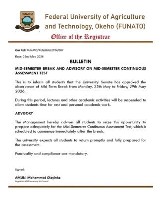 FUNATO announces Mid-Semester Break, Advises Students on Continuous Assessment Test