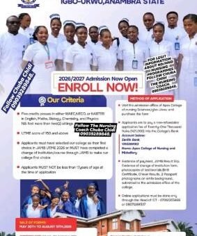Apex College of Nursing Sciences, Igbo-Ukwu ND/HND Admission form, 2026/2027