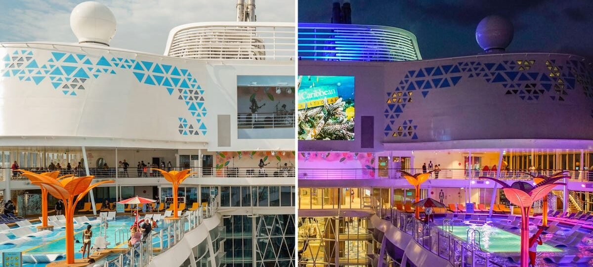 10 side-by-side photos show how a Royal Caribbean cruise ship transforms with colorful lights at night