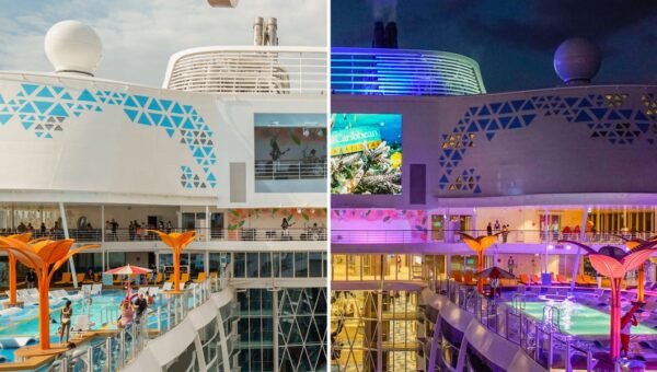 10 side-by-side photos show how a Royal Caribbean cruise ship transforms with colorful lights at night