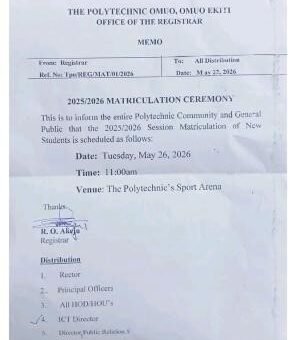 The Polytechnic, Omuo announces Matriculation Ceremony for 2025/2026 session