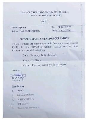 The Polytechnic, Omuo announces Matriculation Ceremony for 2025/2026 session