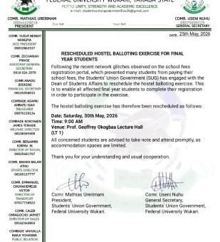 FUWAKARI SUG notice on rescheduling of Hostel Balloting Exercise for Final Year Students