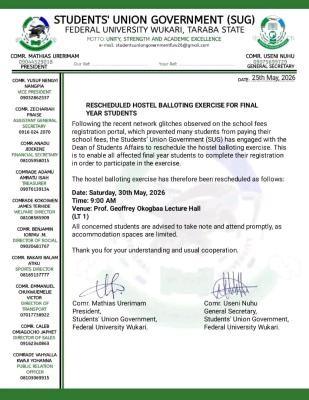 FUWAKARI SUG notice on rescheduling of Hostel Balloting Exercise for Final Year Students