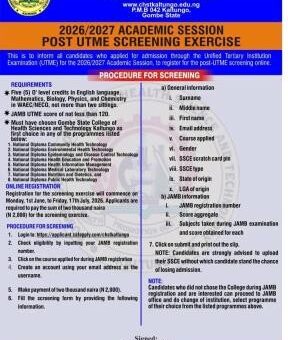 Gombe State College of Health Sci. & tech Post UTME 2026: Cut off mark, Eligibility & Registration details