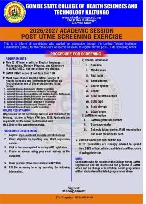 Gombe State College of Health Sci. & tech Post UTME 2026: Cut off mark, Eligibility & Registration details