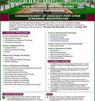 Kogi State Poly Post-UTME 2026: Cut off mark, Eligibility and Registration Procedures