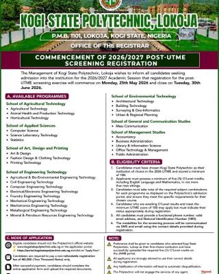 Kogi State Poly Post-UTME 2026: Cut off mark, Eligibility and Registration Procedures