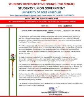 UNIPORT SUG Senate debunks false allegations against the President