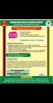 Nigerian Army College of Medical Sciences ND/HND admission, 2026/2027