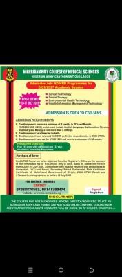 Nigerian Army College of Medical Sciences ND/HND admission, 2026/2027