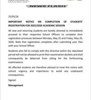YABATECH notice on completion of Registration Exercise, 2025/2026 academic session