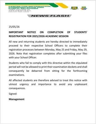 YABATECH notice on completion of Registration Exercise, 2025/2026 academic session