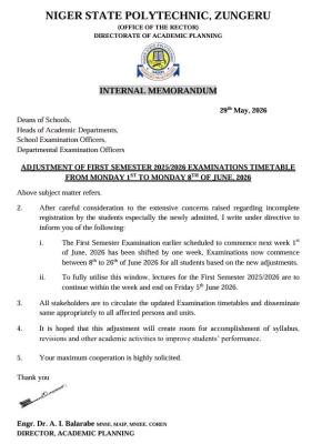 Niger State Poly extends first semester exam by one week